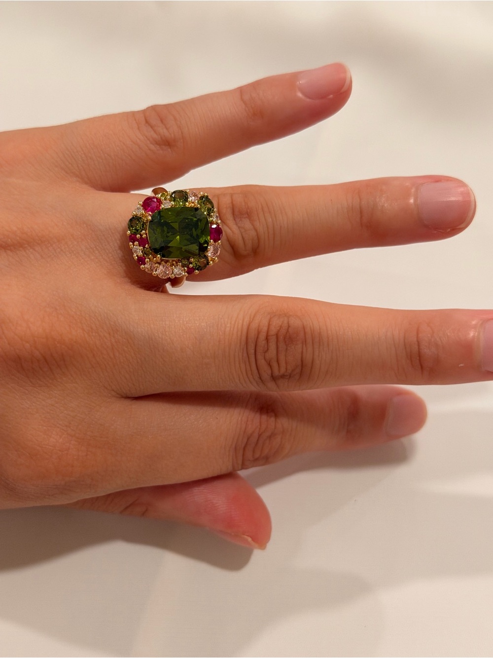 Gold Ring with Olive Green Center and Pink Accents - Picture 12 of 12